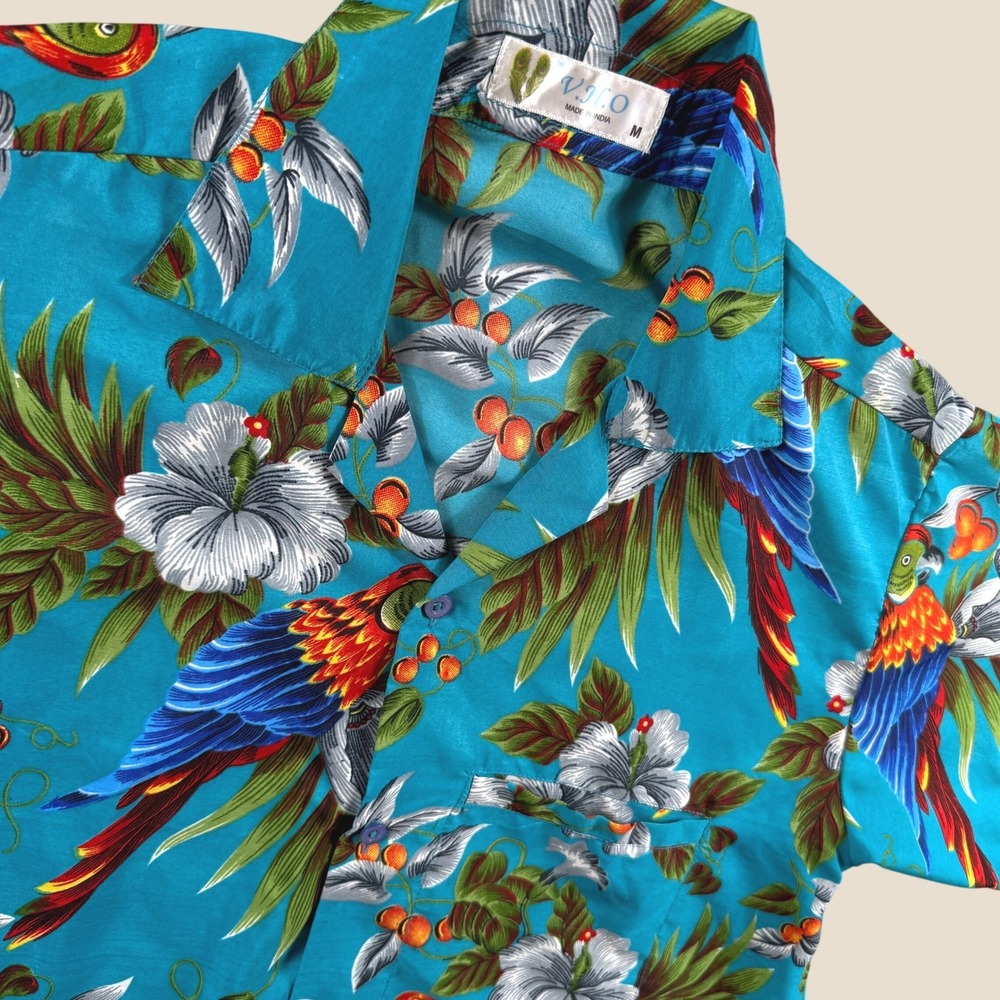 V.H.O. Hawaiian Shirt Men M‎ Blue Parrot Hibiscus Floral Tropical Beach Camp Top